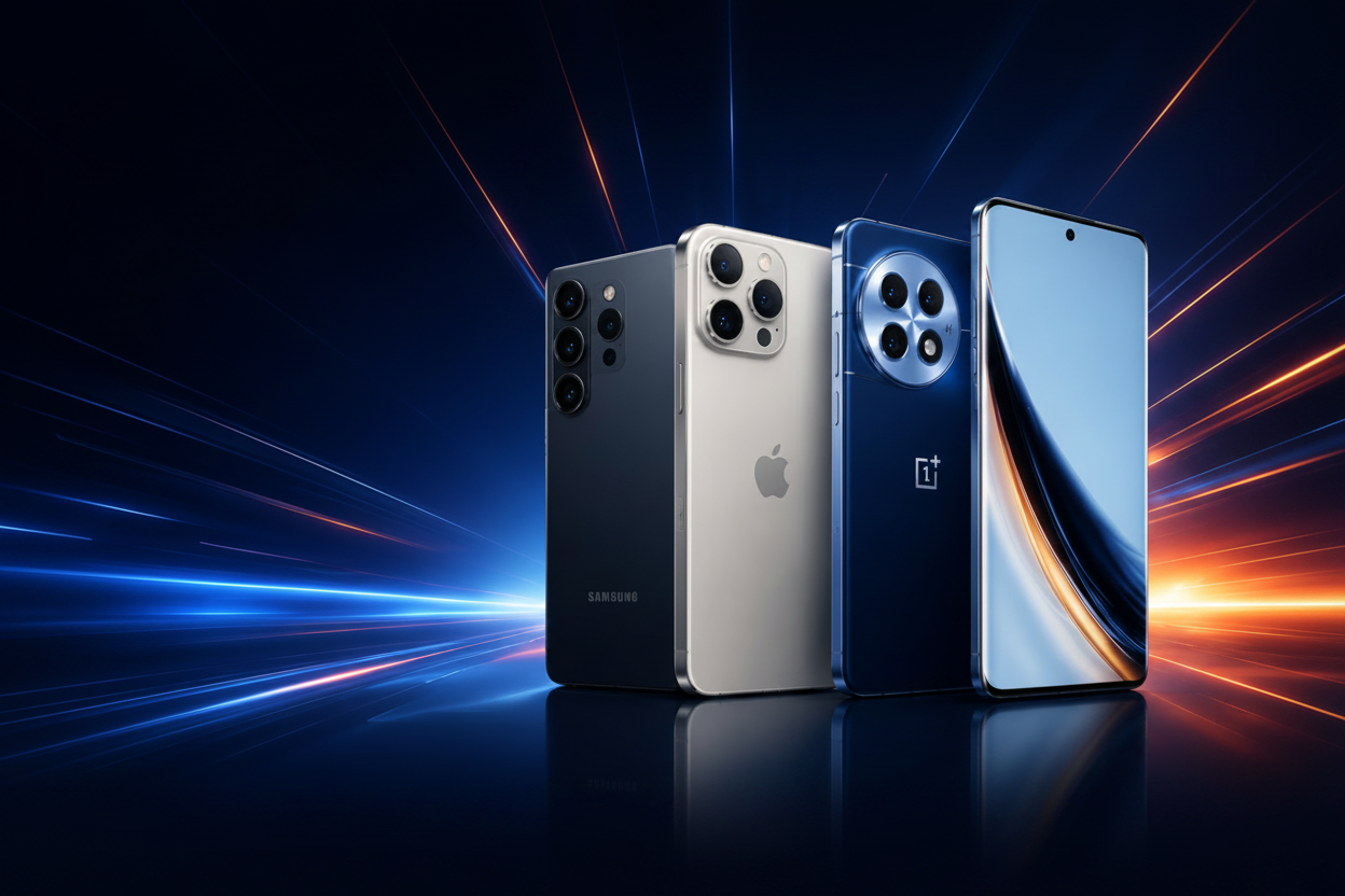 Three smartphones from different brands on a dark background with dynamic light effects.